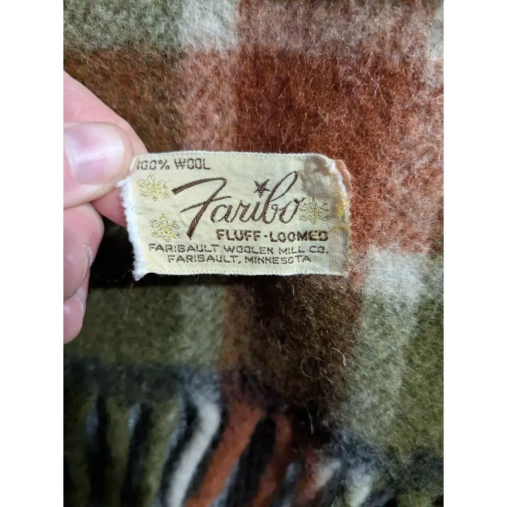 Vintage Faribo Fluff-Loomed Wool Blanket Green Orange Fringe 46x56 Throw EUC